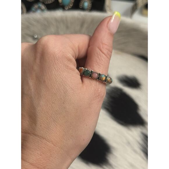 Native American Sterling Silver Orange Spiny Pink Multistone Eternity Ring - Picture 3 of 15